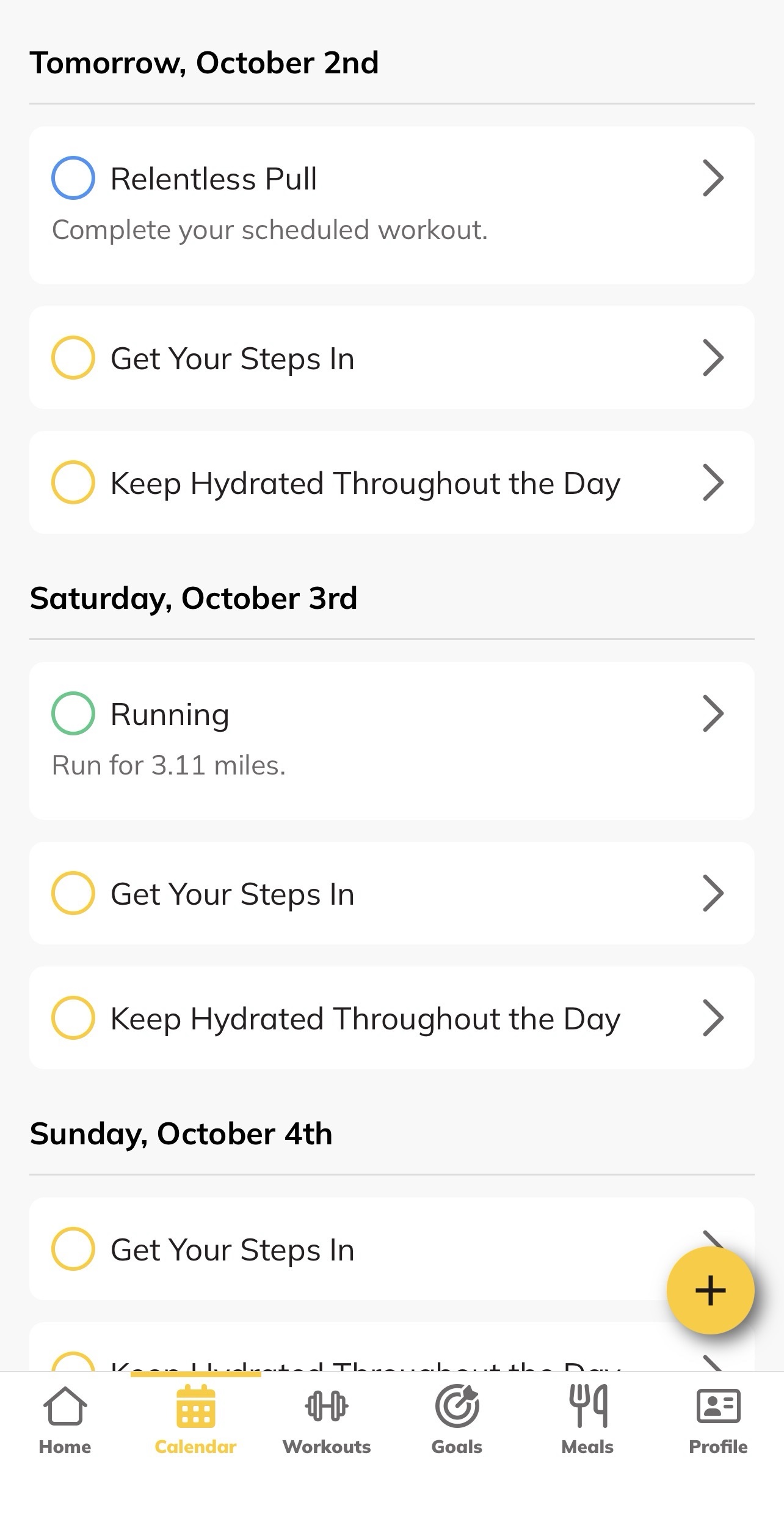 Fitnetic app weekly training calendar and daily habits