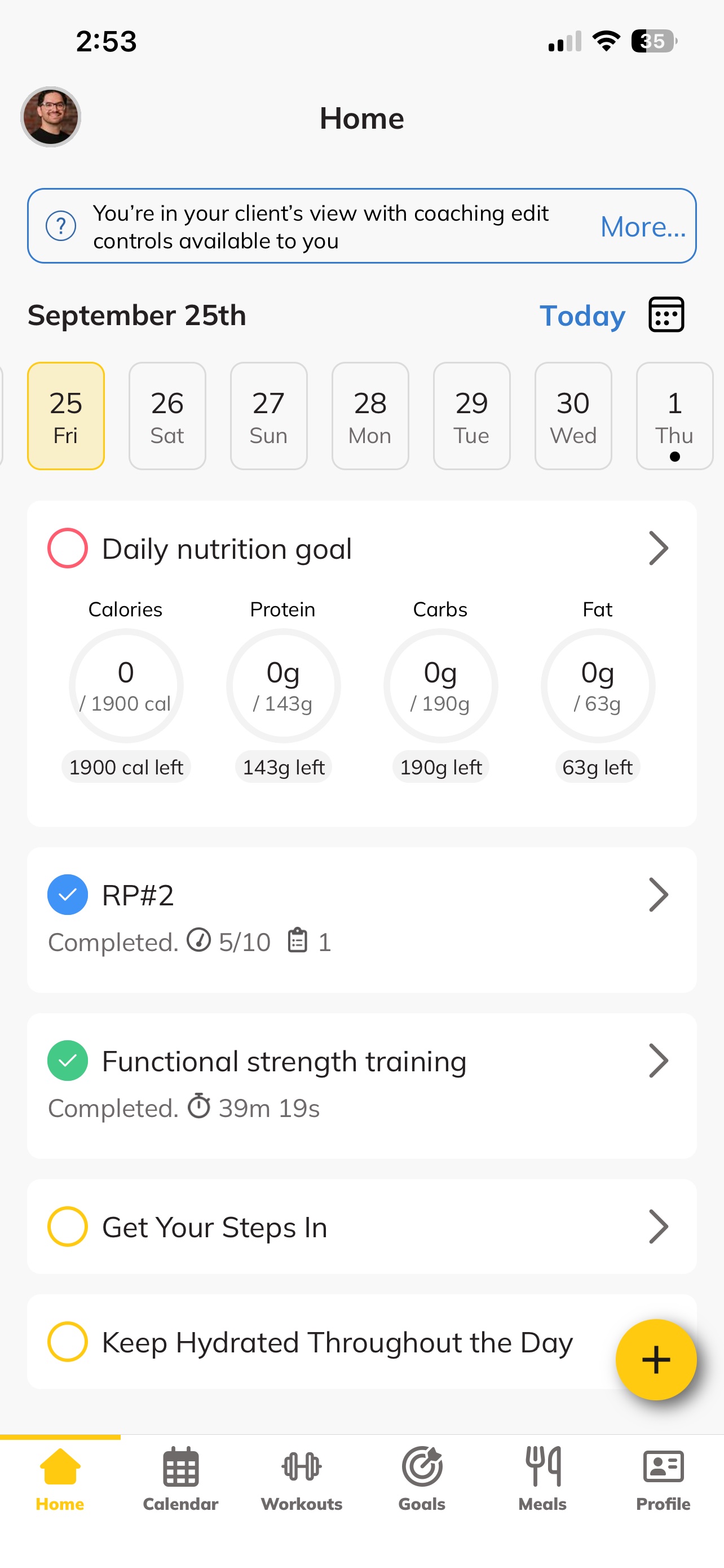 Fitnetic app home screen daily nutrition goals and habits